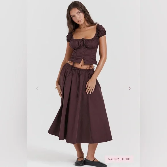 House of CB CORA Rich Brown Gathered Midi Skirt - Picture 4 of 15